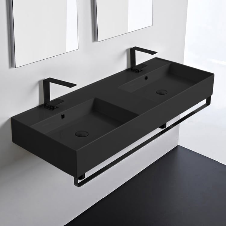 Scarabeo 5143-49-TB-BLK Double Matte Black Wall Mounted Ceramic Sink With Matte Black Towel Bar